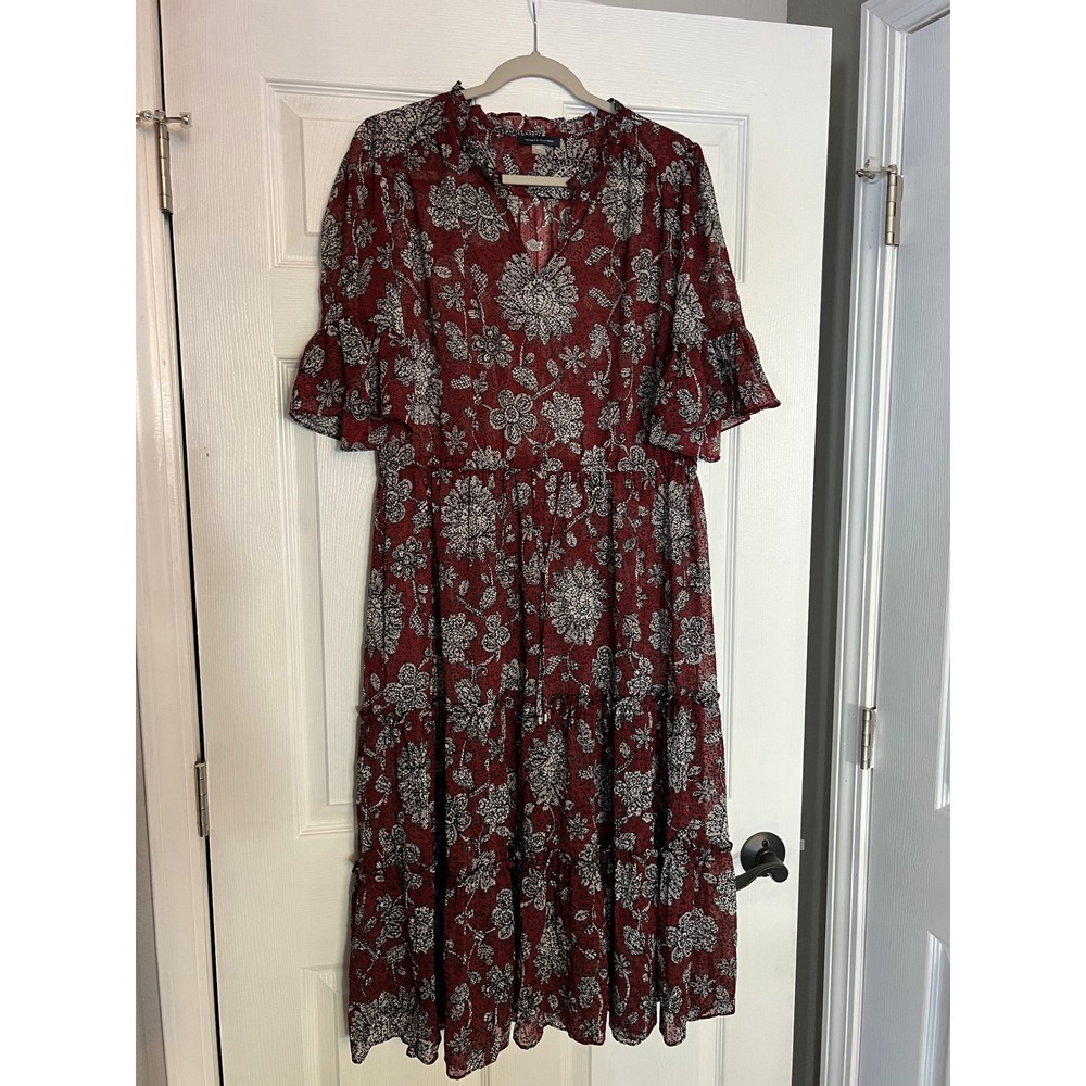 Tommy Hilfiger Midi Dress Polyester Floral Burgundy Flutter Sleeve Boho (14)
